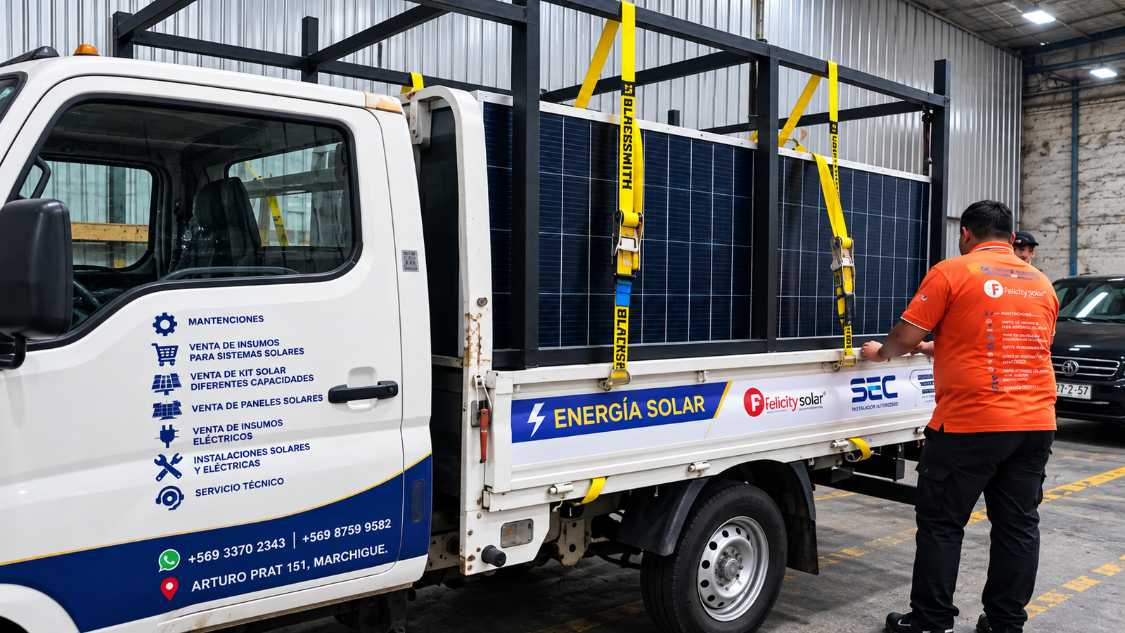 Paneles solares preparados para su traslado en un camión.