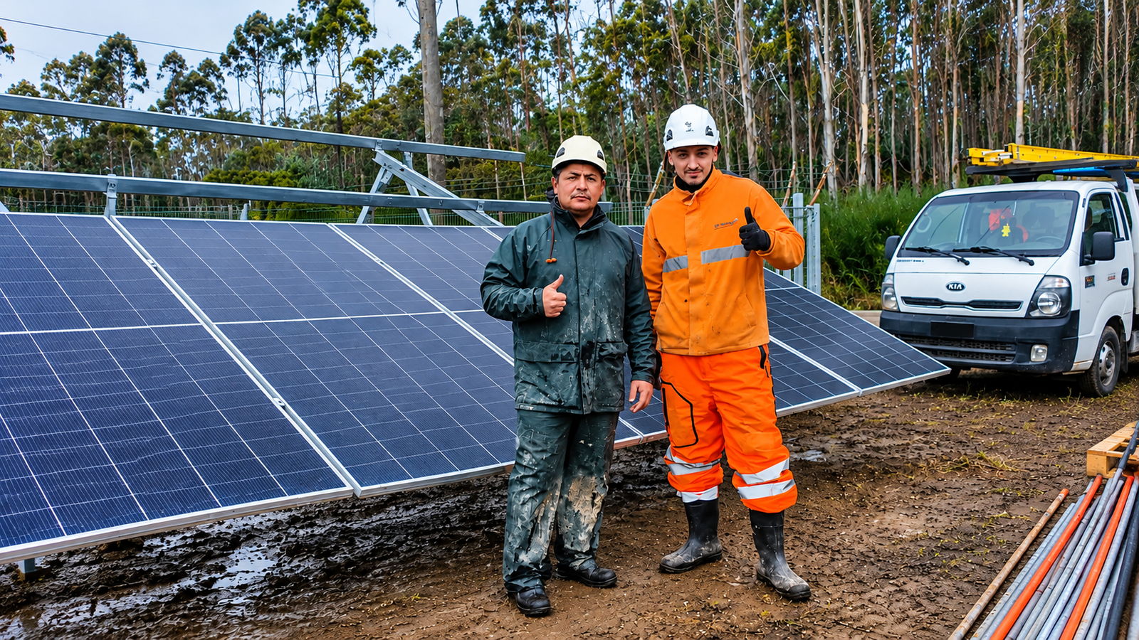 Trabajadores junto a una instalación de paneles solares